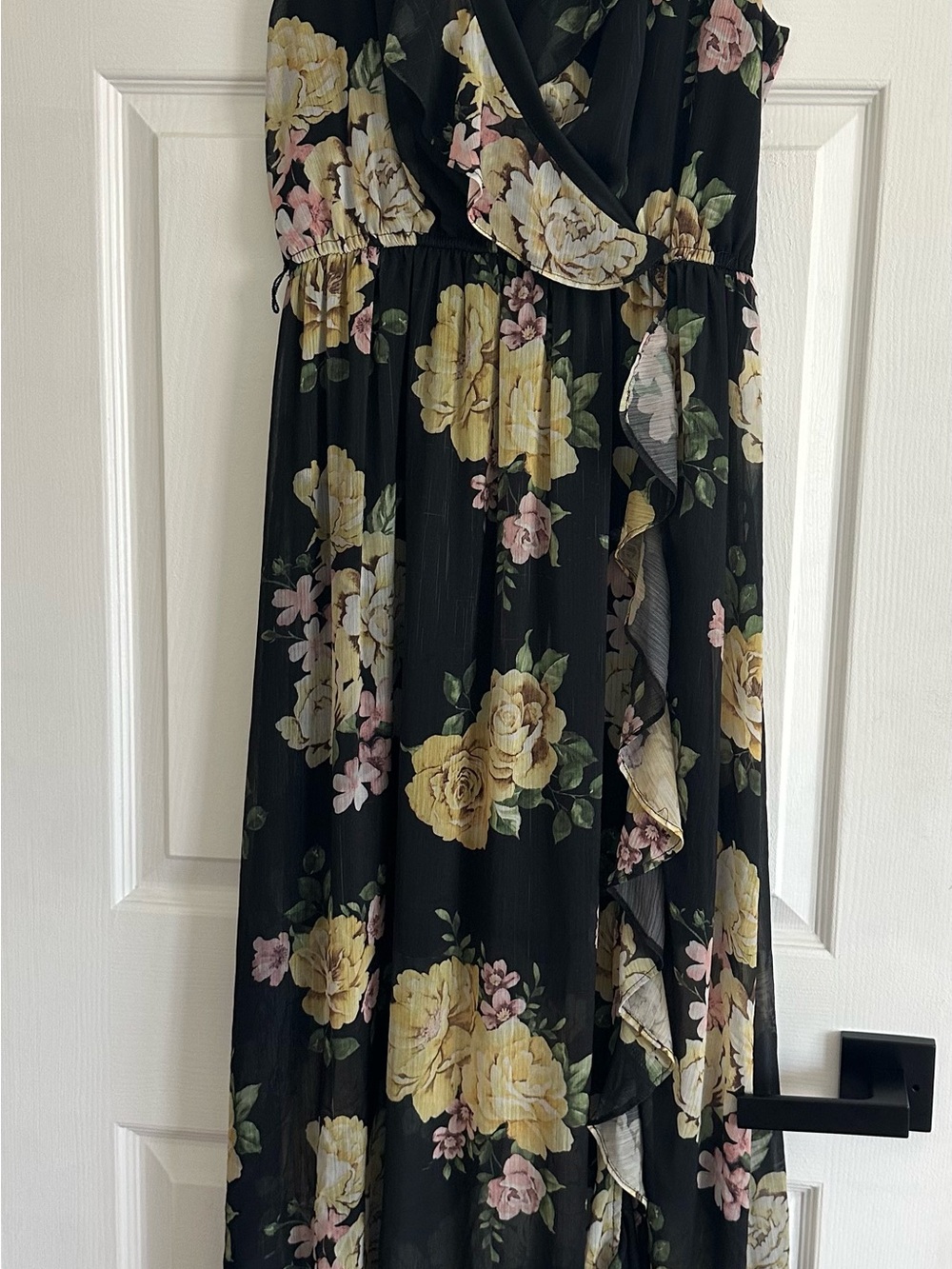 Disney Black Maxi Wrap Dress with Yellow & Pink Floral Print